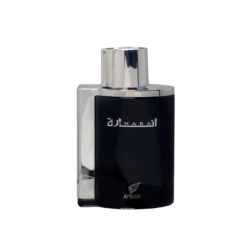 The image shows a rectangular perfume bottle with a dark, opaque body and a metallic silver cap. The front of the bottle has white Arabic calligraphy on the upper part and the word "AFNAN" in uppercase letters at the bottom, with a small rose emblem above it. The background is solid black, which provides a stark contrast to the bottle and highlights its features.