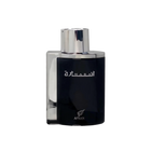 The image shows a rectangular perfume bottle with a dark, opaque body and a metallic silver cap. The front of the bottle has white Arabic calligraphy on the upper part and the word "AFNAN" in uppercase letters at the bottom, with a small rose emblem above it. The background is solid black, which provides a stark contrast to the bottle and highlights its features.