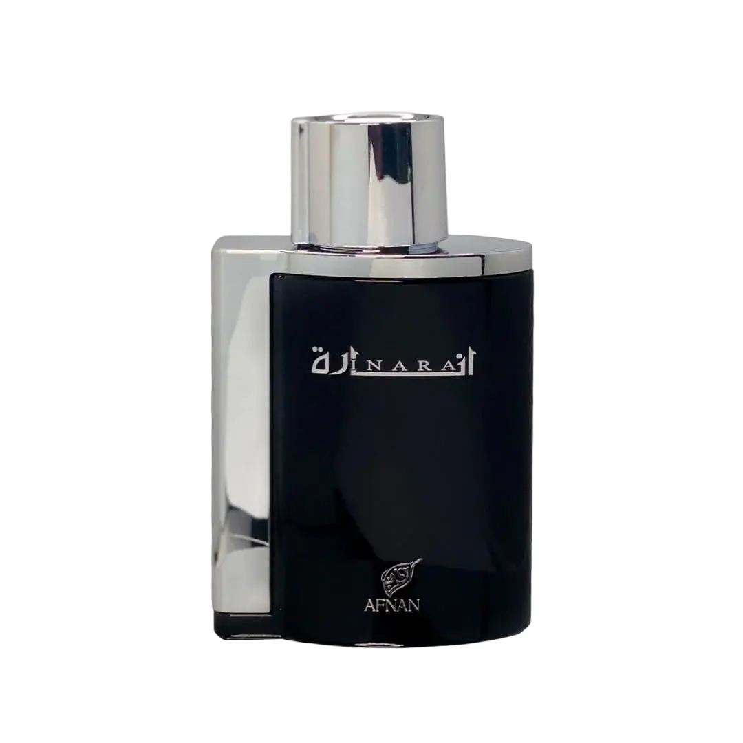 The image shows a rectangular perfume bottle with a dark, opaque body and a metallic silver cap. The front of the bottle has white Arabic calligraphy on the upper part and the word "AFNAN" in uppercase letters at the bottom, with a small rose emblem above it. The background is solid black, which provides a stark contrast to the bottle and highlights its features.