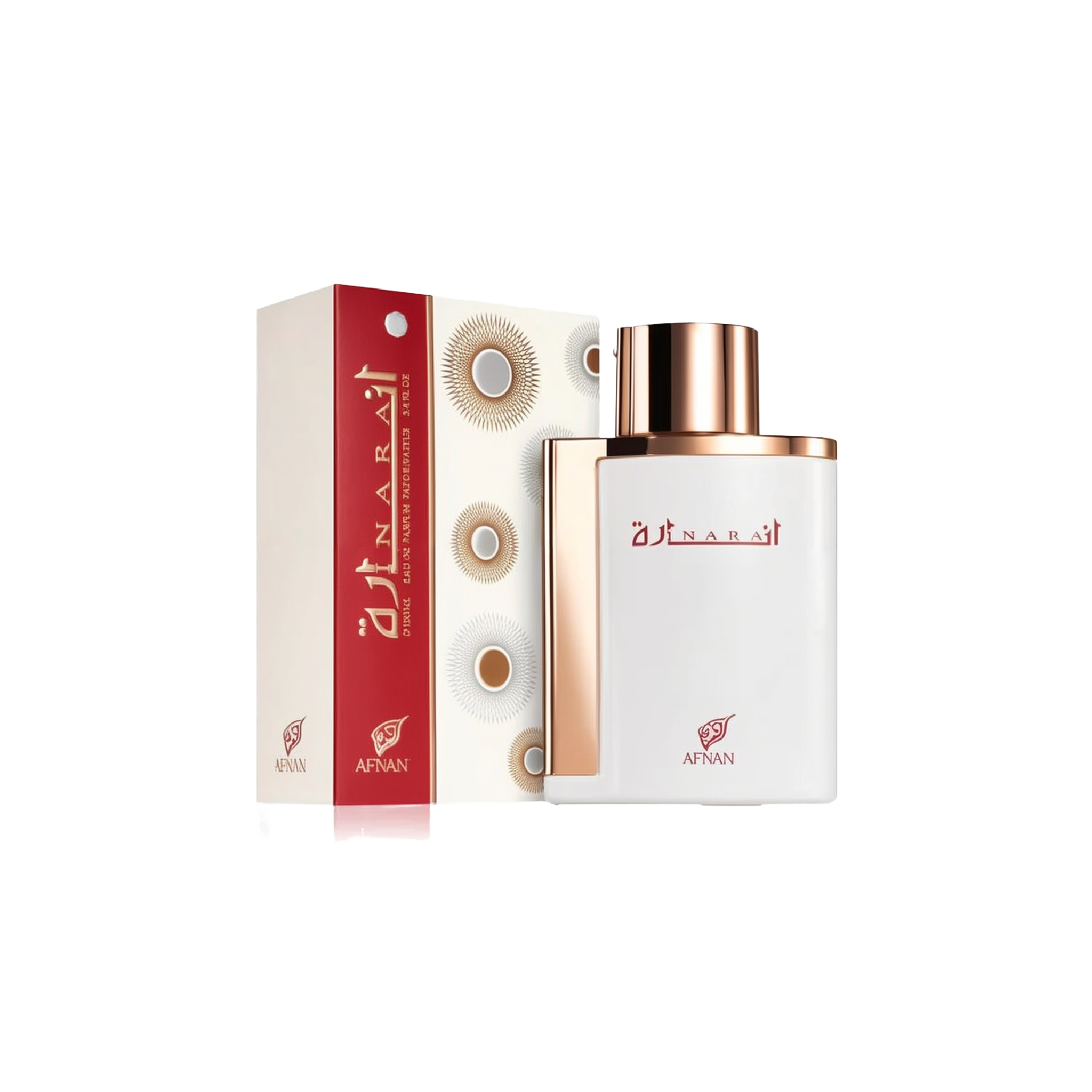 The image showcases a perfume bottle and its packaging. The bottle has a flat, rectangular shape with rounded edges, featuring a glossy white finish and a metallic rose gold cap. The front of the bottle displays the perfume's name "?????" in elegant red Arabic script, with the "AFNAN" logo in red below. Accompanying the bottle is its box, which has a white background with geometric circular patterns and a bold red side panel where the perfume's name and brand logo are repeated in white and red.