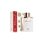 The image showcases a perfume bottle and its packaging. The bottle has a flat, rectangular shape with rounded edges, featuring a glossy white finish and a metallic rose gold cap. The front of the bottle displays the perfume's name "?????" in elegant red Arabic script, with the "AFNAN" logo in red below. Accompanying the bottle is its box, which has a white background with geometric circular patterns and a bold red side panel where the perfume's name and brand logo are repeated in white and red.