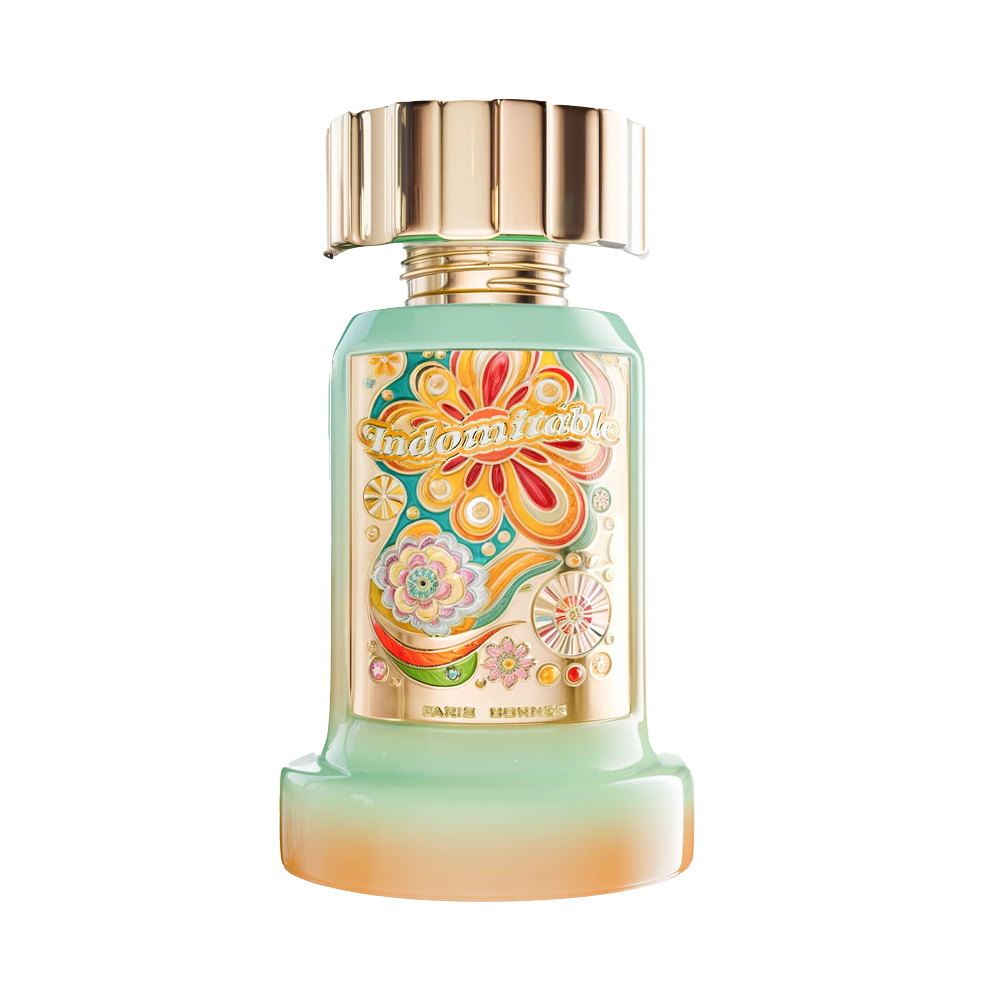 Mint green perfume bottle with gold cap and colorful floral Indomitable Paris Corner label on the front.