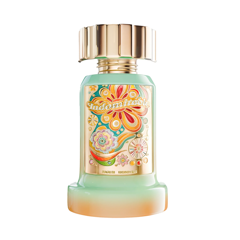 Mint green perfume bottle with gold cap and colorful floral Indomitable Paris Corner label on the front.