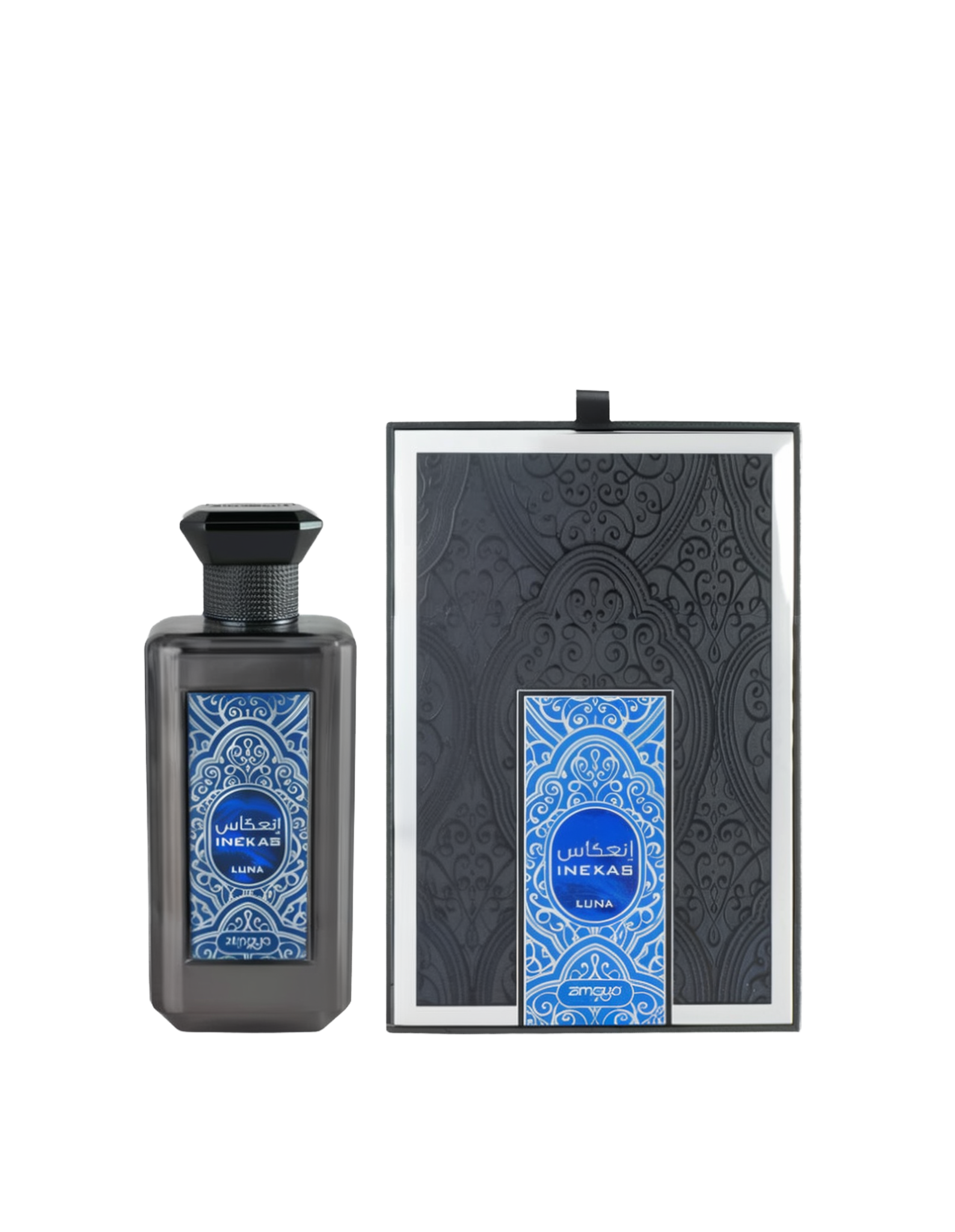 A bottle and packaging of Inekas Luna Eau De Parfum by Zimaya. The perfume bottle features a sleek, smoky black finish with a bold blue and silver ornamental label, and a black hexagonal cap with textured detailing. The matching box is black with embossed patterns and a central label that mirrors the bottle’s intricate blue design. The overall look is modern, mysterious, and luxurious, suggesting a fragrance with depth and sophistication.