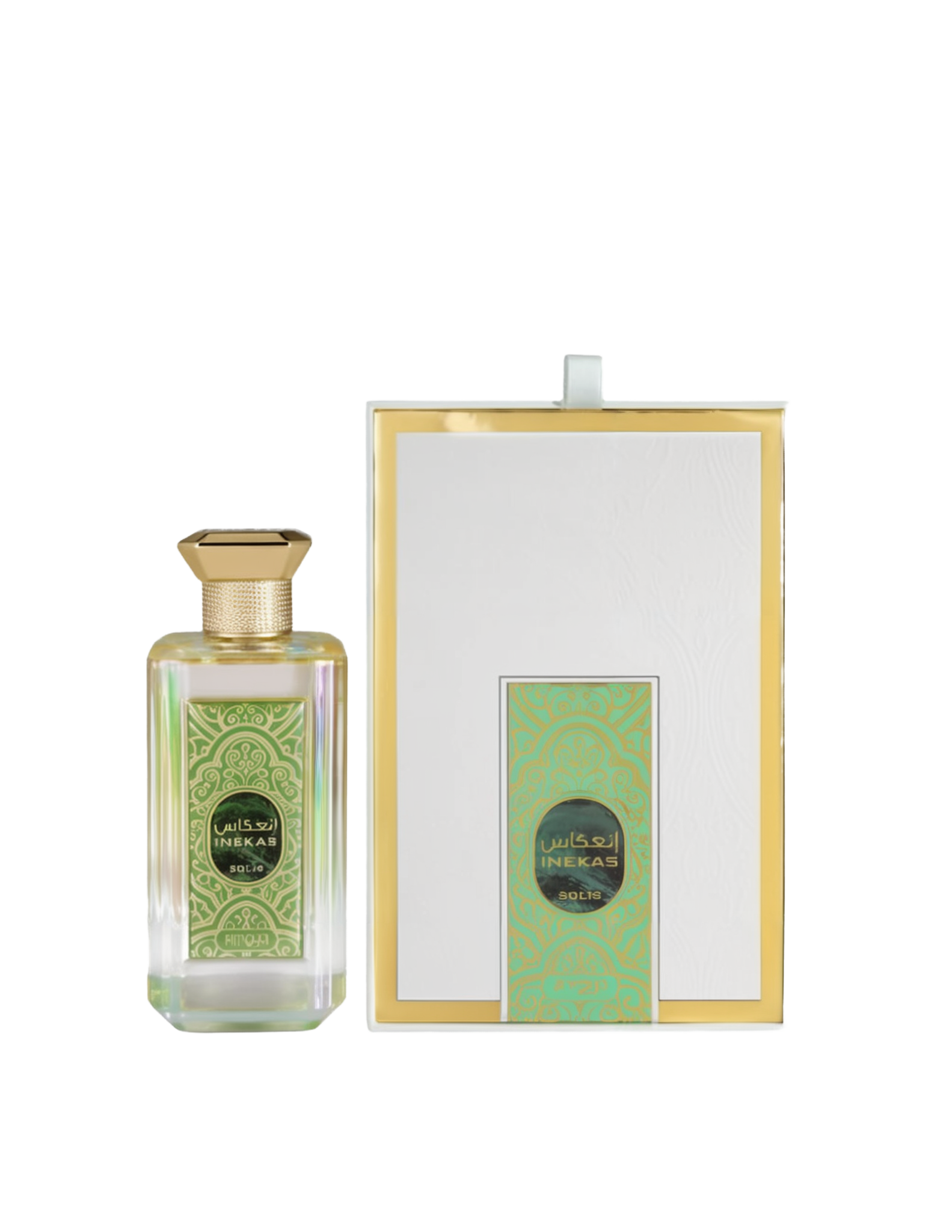 A bottle and packaging of Inekas Solis Eau De Parfum by Zimaya. The perfume bottle is made of clear iridescent glass with a geometric shape, adorned with a gold hexagonal cap and an ornate green and gold label featuring Arabic and English text. The elegant white box is framed with gold trim and includes a matching green and gold patterned design on the front.