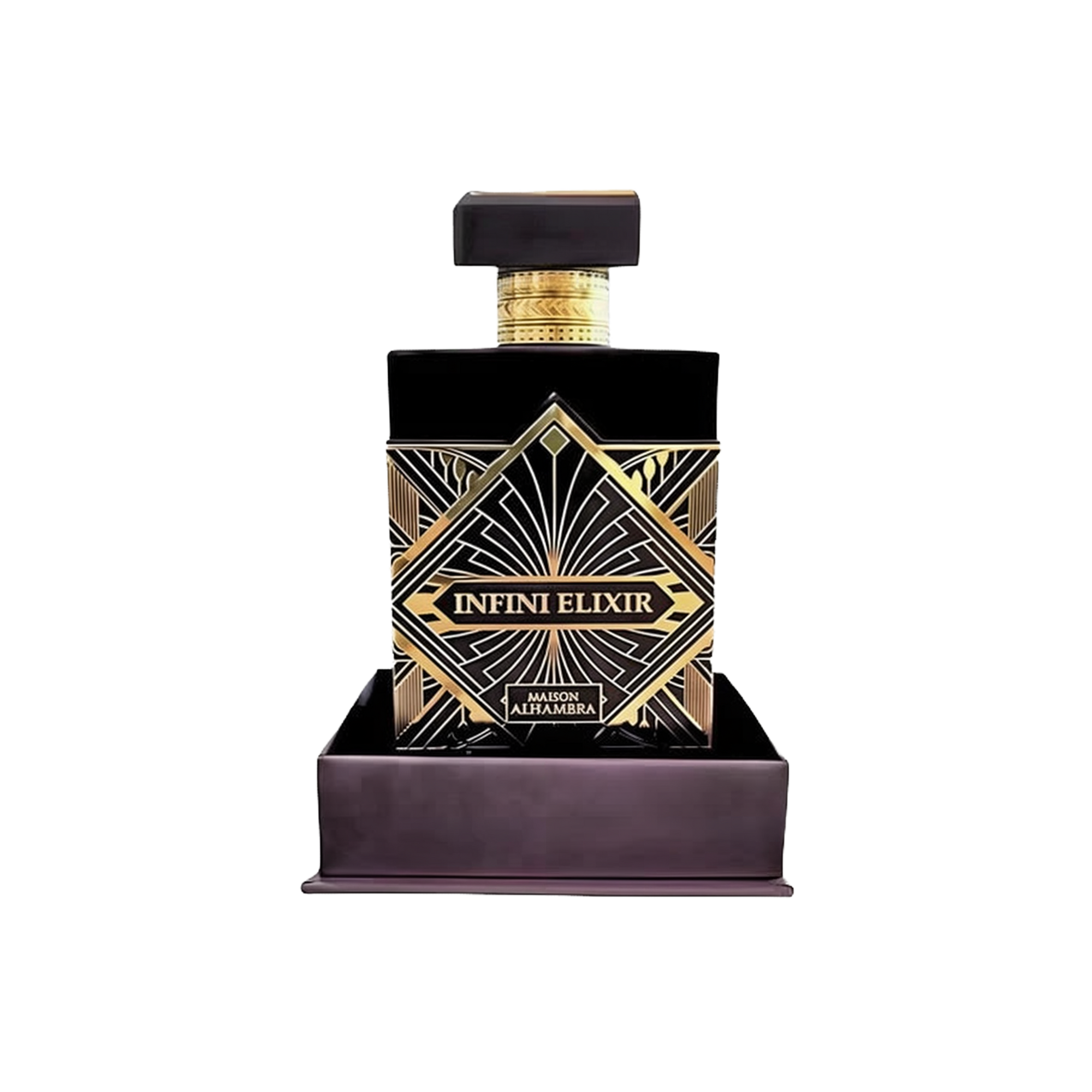 Infini Elixir by Maison Alhambra - a luxurious black perfume bottle with gold geometric patterns, displayed in a matching base. The bottle features a sophisticated rectangular design with a bold label at the center, highlighting the opulent and high-end nature of this fragrance. The set emphasizes elegance and exclusivity.
