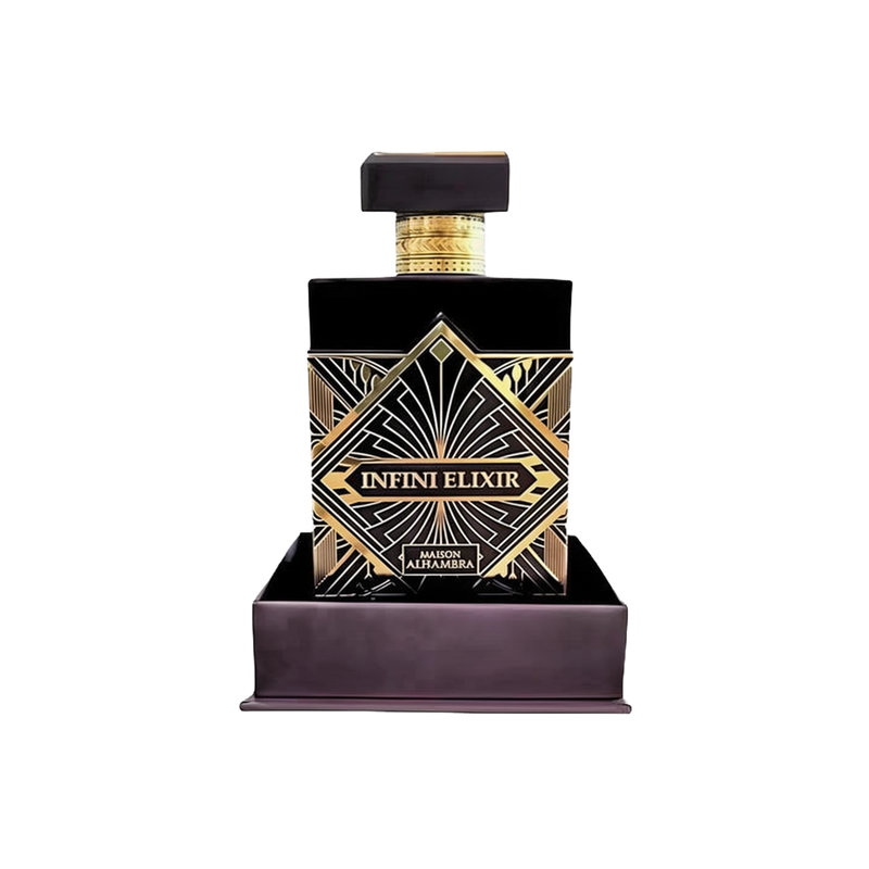 Infini Elixir by Maison Alhambra - a luxurious black perfume bottle with gold geometric patterns, displayed in a matching base. The bottle features a sophisticated rectangular design with a bold label at the center, highlighting the opulent and high-end nature of this fragrance. The set emphasizes elegance and exclusivity.