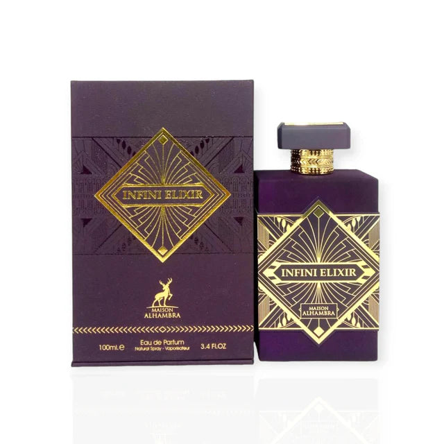 Infini Elixir by Maison Alhambra - an elegant purple perfume bottle with gold geometric patterns and matching packaging. The bottle, alongside its box, features a luxurious gold and purple design with a prominent label at the center. The set showcases the sophisticated and high-end nature of this eau de parfum, containing 100 ml (3.4 fl. oz.) of fragrance.