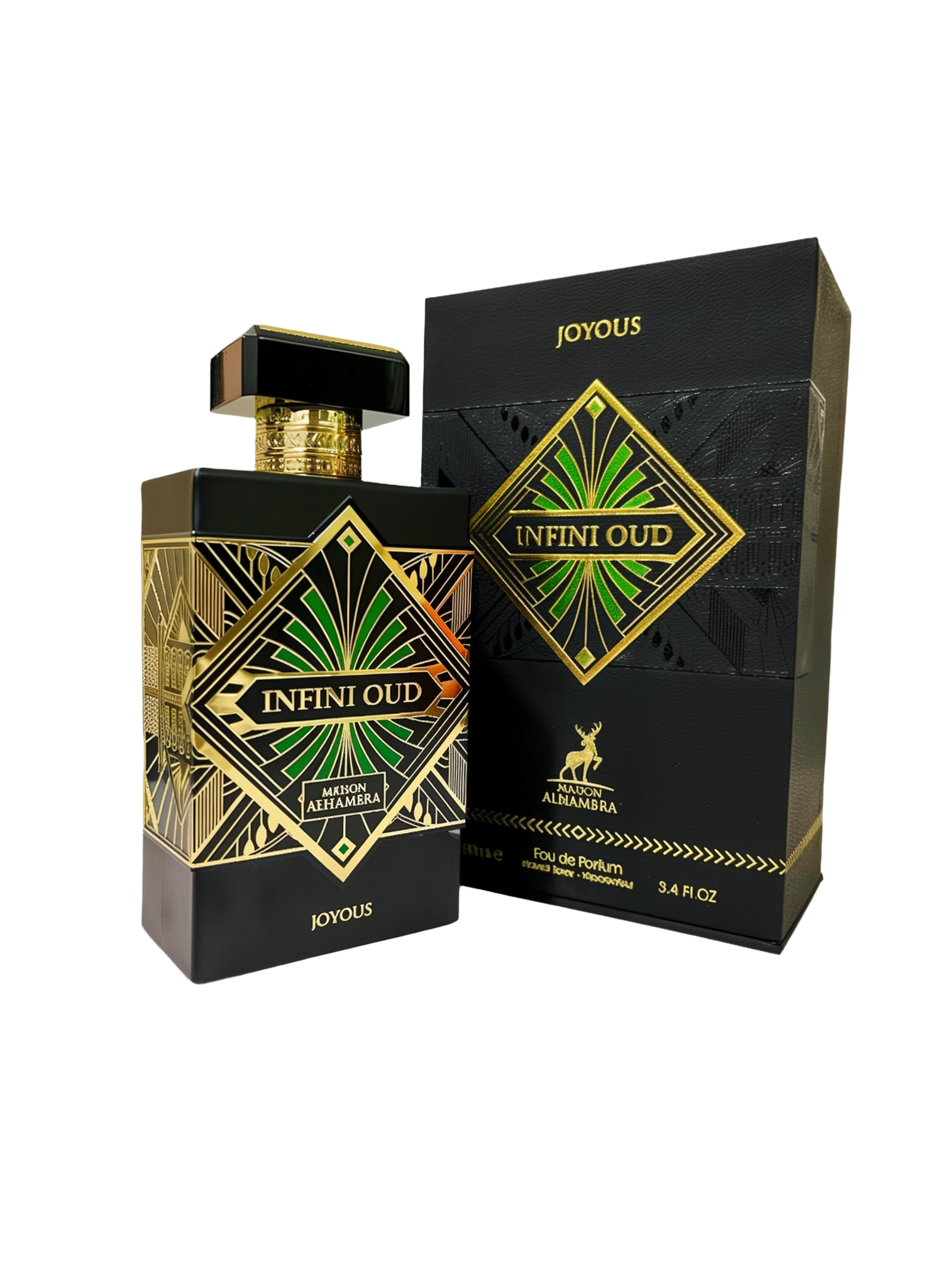 Maison Alhambra Infini Oud Joyous Eau De Parfum, 3.4 fl oz bottle with a luxurious black and gold Art Deco design featuring green accents, displayed next to a matching black and gold box.