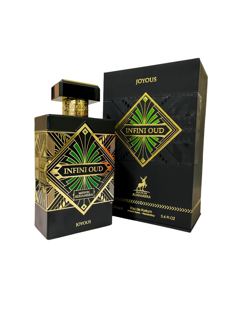 Maison Alhambra Infini Oud Joyous Eau De Parfum, 3.4 fl oz bottle with a luxurious black and gold Art Deco design featuring green accents, displayed next to a matching black and gold box.