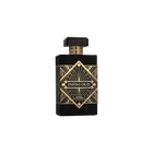 Infini Oud by Maison Alhambra - a luxurious black perfume bottle with intricate gold geometric patterns and a bold label at the center. The bottle features a distinctive rectangular shape with a matching black and gold cap, exuding elegance and sophistication.