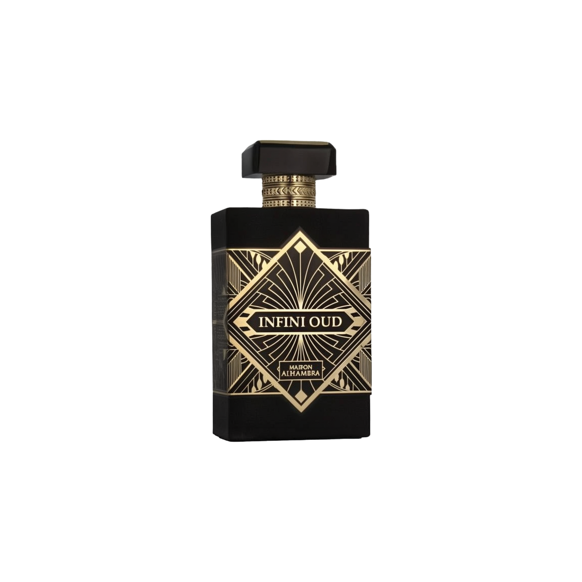 Infini Oud by Maison Alhambra - a luxurious black perfume bottle with intricate gold geometric patterns and a bold label at the center. The bottle features a distinctive rectangular shape with a matching black and gold cap, exuding elegance and sophistication.