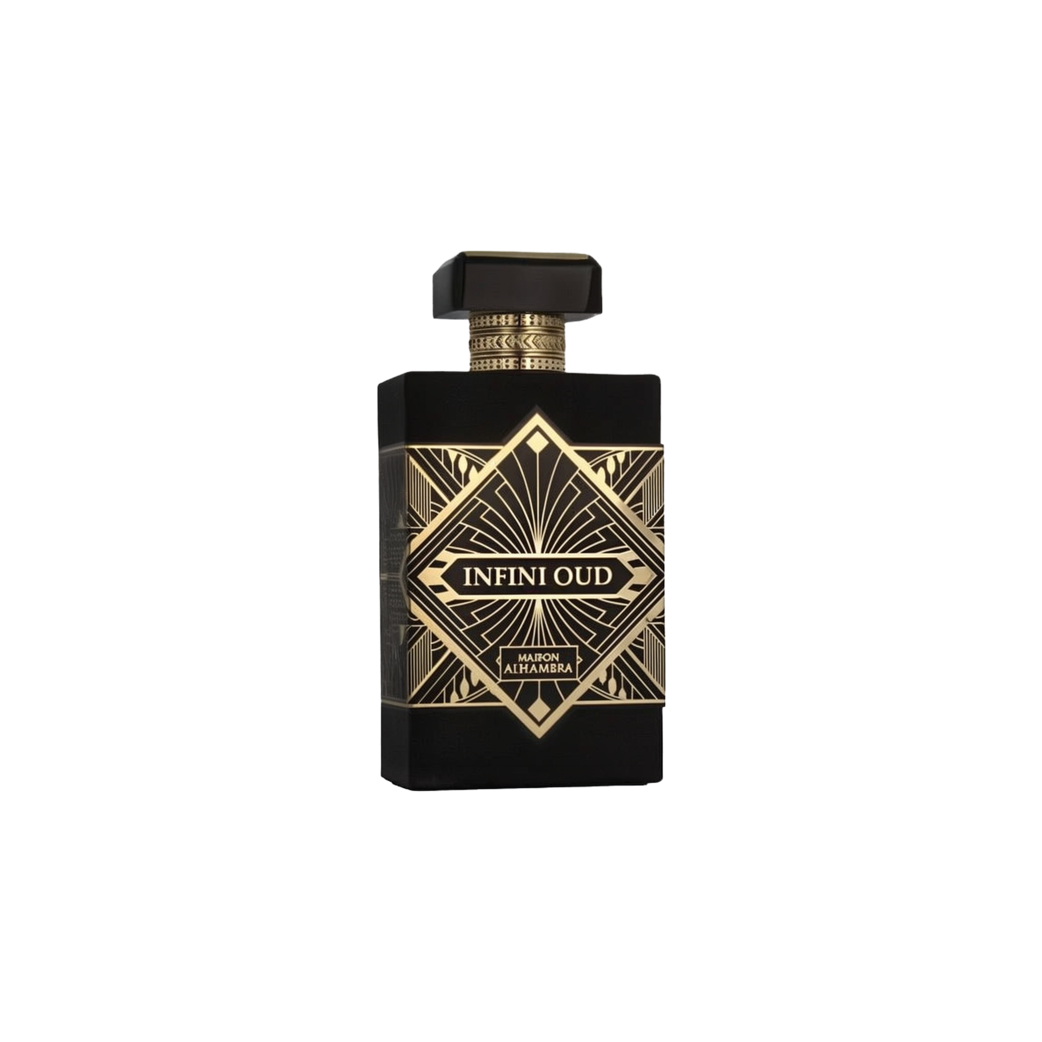 Infini Oud by Maison Alhambra - a luxurious black perfume bottle with intricate gold geometric patterns and a bold label at the center. The bottle features a distinctive rectangular shape with a matching black and gold cap, exuding elegance and sophistication.