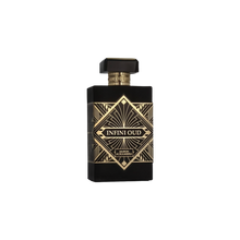 Infini Oud by Maison Alhambra - a luxurious black perfume bottle with intricate gold geometric patterns and a bold label at the center. The bottle features a distinctive rectangular shape with a matching black and gold cap, exuding elegance and sophistication.