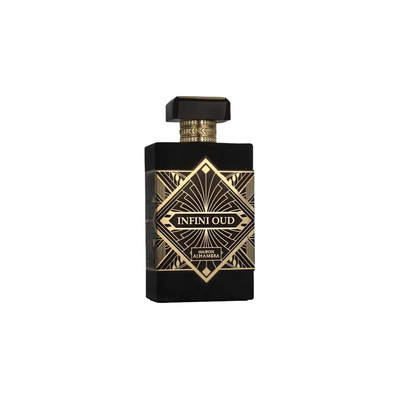 Infini Oud by Maison Alhambra - a luxurious black perfume bottle with intricate gold geometric patterns and a bold label at the center. The bottle features a distinctive rectangular shape with a matching black and gold cap, exuding elegance and sophistication.
