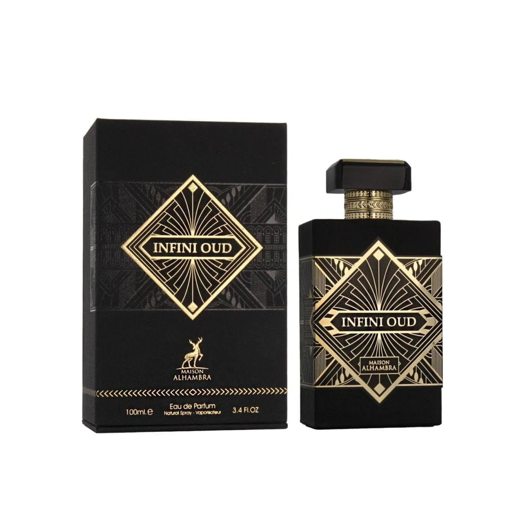 Infini Oud by Maison Alhambra - a sophisticated black perfume bottle with gold geometric patterns and matching packaging. The bottle, alongside its box, features an elegant gold and black design with a prominent label at the center. The set showcases the luxurious and high-end nature of this eau de parfum, containing 100 ml (3.4 fl. oz.) of fragrance.