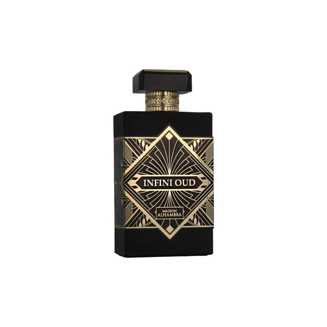 Infini Oud by Maison Alhambra - a luxurious black perfume bottle with intricate gold geometric patterns and a bold label at the center. The bottle features a distinctive rectangular shape with a matching black and gold cap, exuding elegance and sophistication.