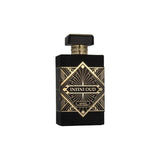 Infini Oud by Maison Alhambra - a luxurious black perfume bottle with intricate gold geometric patterns and a bold label at the center. The bottle features a distinctive rectangular shape with a matching black and gold cap, exuding elegance and sophistication.