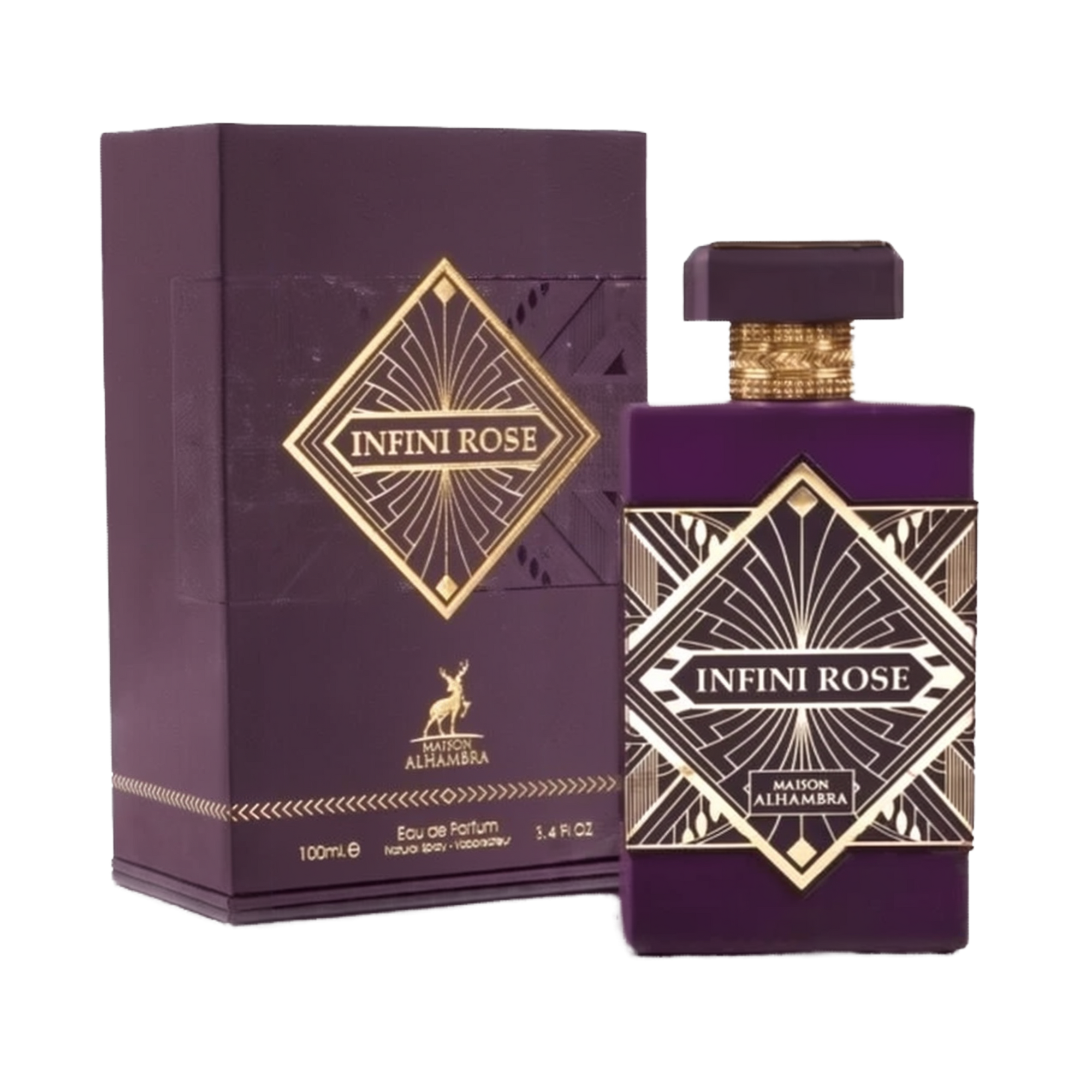Infini Rose by Maison Alhambra - an elegant purple perfume bottle with gold geometric patterns and matching packaging. The bottle, alongside its box, features a luxurious gold and purple design with a prominent label at the center. 