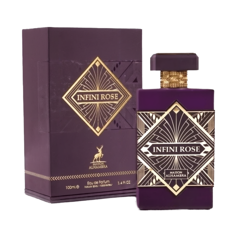 Infini Rose by Maison Alhambra - an elegant purple perfume bottle with gold geometric patterns and matching packaging. The bottle, alongside its box, features a luxurious gold and purple design with a prominent label at the center. 