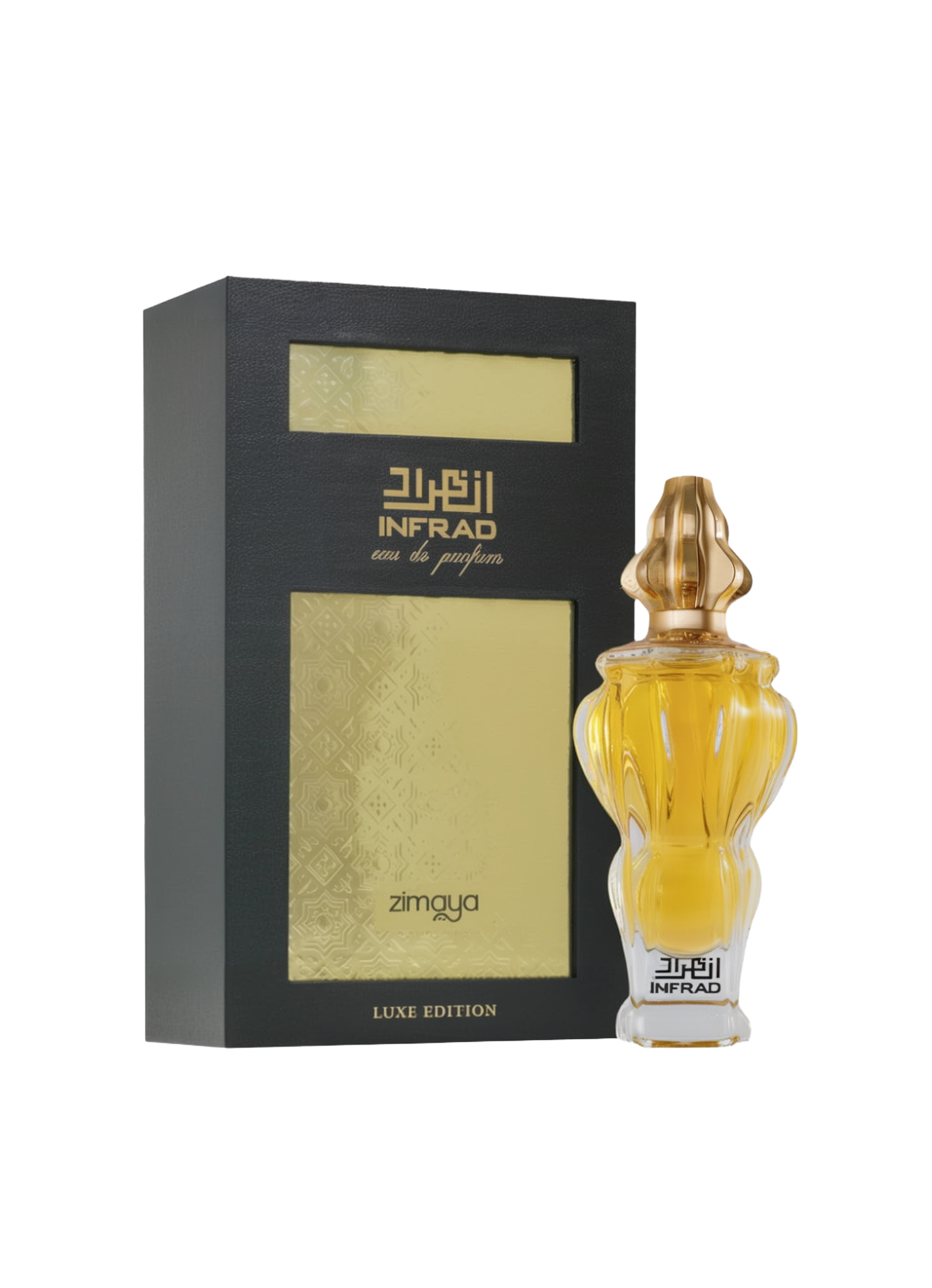 A bottle and packaging of Infrad Luxe Edition Eau De Parfum by Zimaya. The perfume bottle features an elegant, sculpted clear glass design filled with a rich golden liquid, and is topped with a uniquely shaped gold cap. The bottle is labeled “Infrad” in bold black Arabic and English script. The accompanying box is black with gold embossed panels and accents, prominently showcasing the name “Infrad” and “Luxe Edition,” giving the product a premium and luxurious appearance.