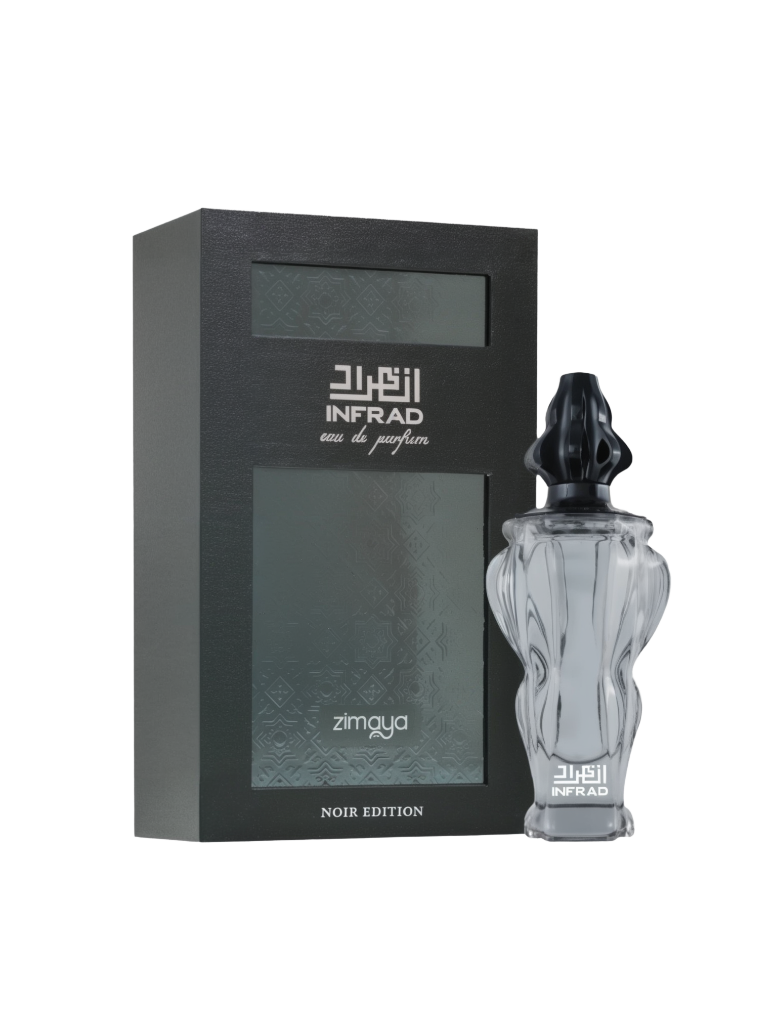 A product image of Infrad Noir Edition Eau De Parfum by Zimaya, featuring a sophisticated black and silver theme. The perfume bottle is crafted from clear glass with an intricate, sculpted design and topped with a glossy black cap. The matching box is matte black with silver embossed detailing and elegant Arabic calligraphy, prominently displaying the product name “Infrad Noir Edition” and brand “Zimaya.”