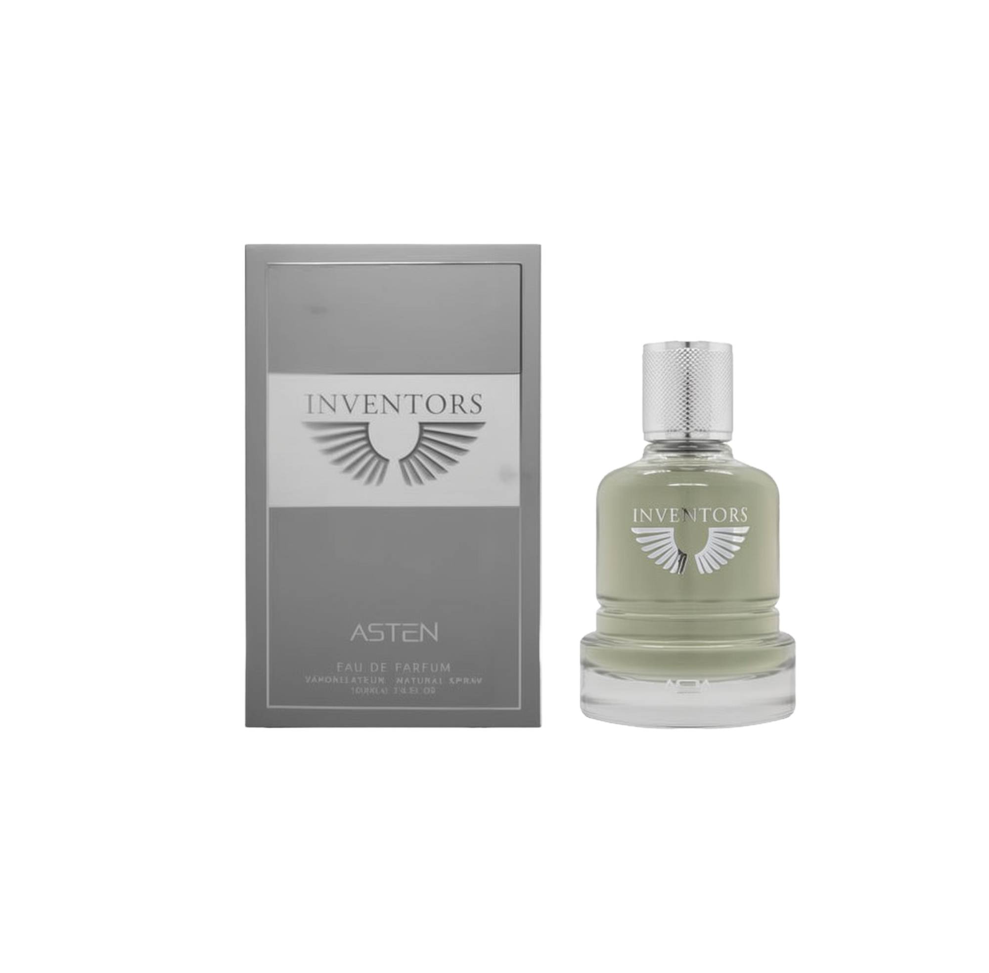 A round glass perfume bottle containing a pale green fragrance, topped with a textured silver cap and labeled ‘Inventors Asten,’ shown beside a grey rectangular box featuring the same winged logo and product name.