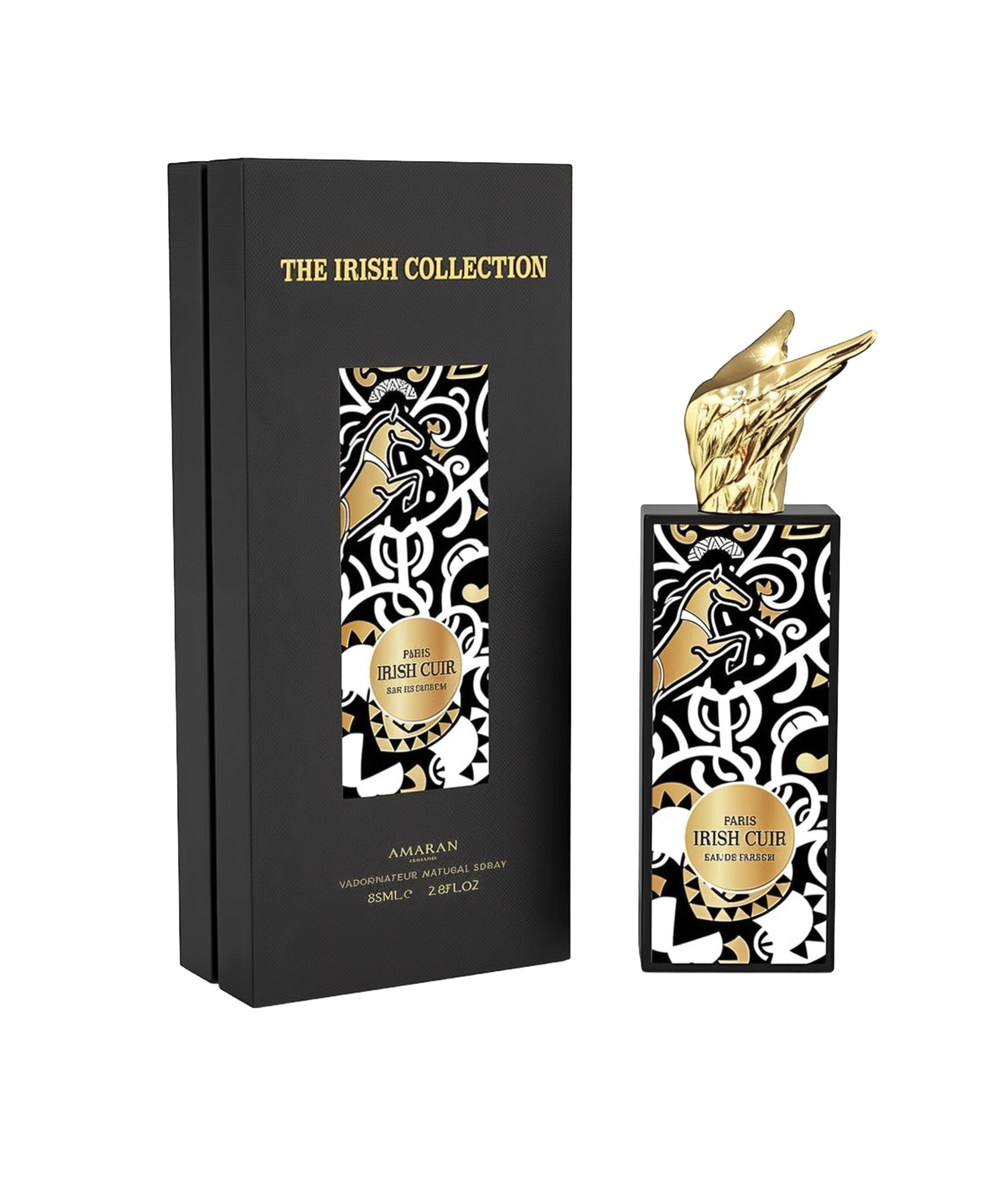 A tall rectangular black perfume bottle with bold black, white, and gold Celtic-inspired patterns, labeled “Irish Cuir” by Amaran, topped with a sculpted gold wing cap. It is shown alongside a matching black box labeled “The Irish Collection,” indicating an 85ml (2.8 fl oz) Eau De Parfum.