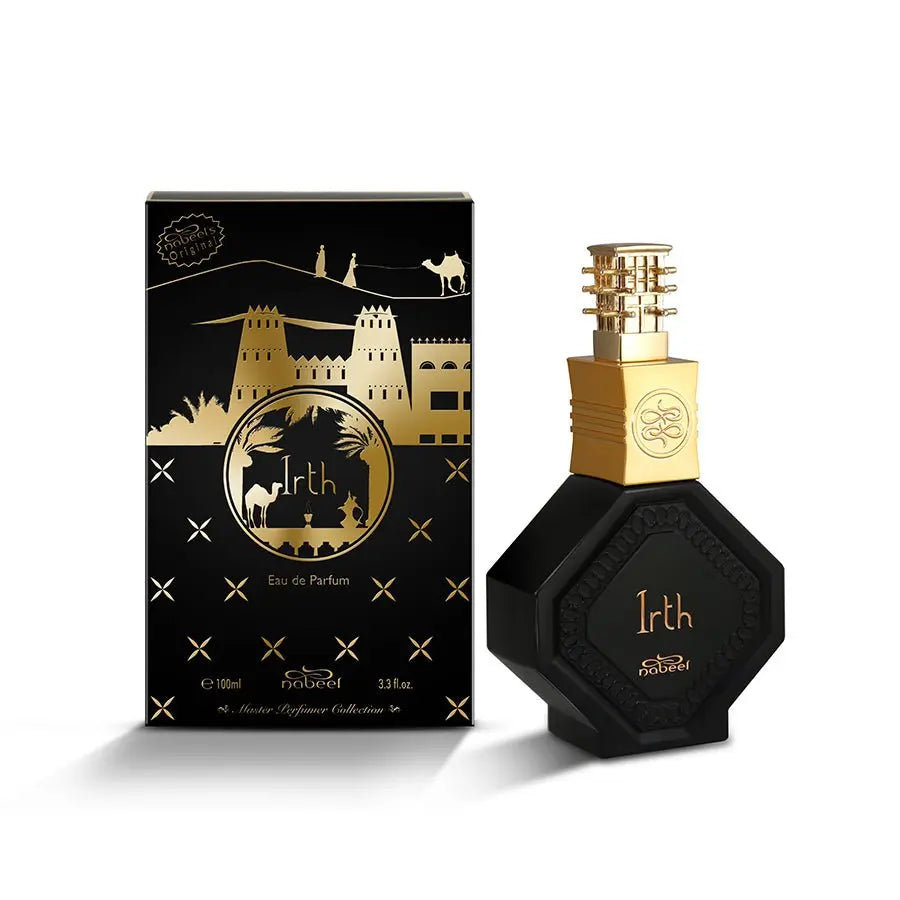 The image features a bottle of "Irth" by Nabeel Perfumes. The bottle has an octagonal shape with a matte black finish and embossed golden lettering spelling "Irth" in the center. It has a luxurious gold-colored neck and an elaborate gold spray nozzle with a traditional design. Accompanying the bottle is a matching black and gold box that has a silhouette of an Arabian landscape, including a mosque and palm trees, and stylized crosses scattered throughout.
