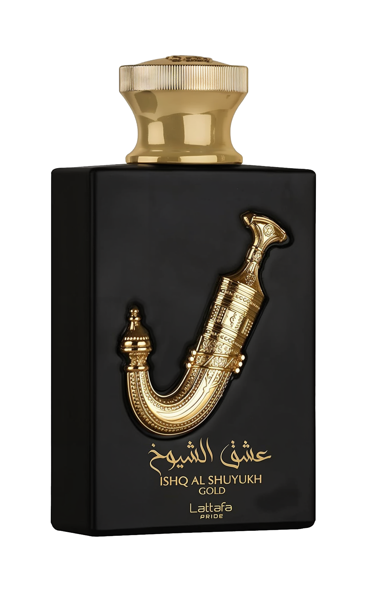 This image shows a perfume bottle named "Ishq Al Shuyukh Gold" by Lattafa Pride. The bottle has a sleek, black rectangular body with a luxurious gold-colored cap. A prominent and ornate gold sculpture of a traditional Arabic dagger, known as a Khanjar, ad