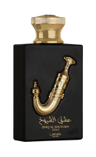 This image shows a perfume bottle named "Ishq Al Shuyukh Gold" by Lattafa Pride. The bottle has a sleek, black rectangular body with a luxurious gold-colored cap. A prominent and ornate gold sculpture of a traditional Arabic dagger, known as a Khanjar, ad