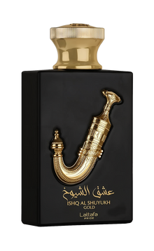 This image shows a perfume bottle named "Ishq Al Shuyukh Gold" by Lattafa Pride. The bottle has a sleek, black rectangular body with a luxurious gold-colored cap. A prominent and ornate gold sculpture of a traditional Arabic dagger, known as a Khanjar, ad