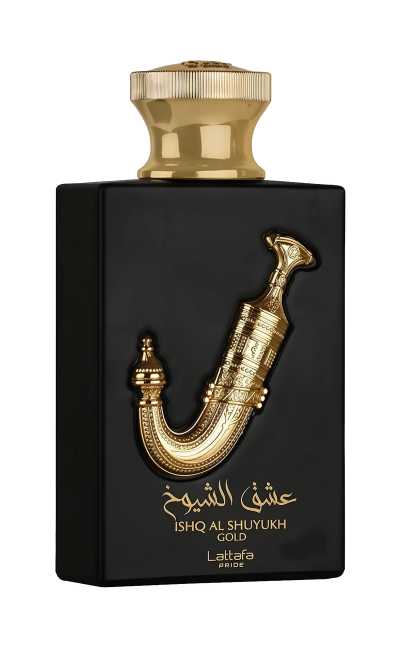 This image shows a perfume bottle named "Ishq Al Shuyukh Gold" by Lattafa Pride. The bottle has a sleek, black rectangular body with a luxurious gold-colored cap. A prominent and ornate gold sculpture of a traditional Arabic dagger, known as a Khanjar, ad