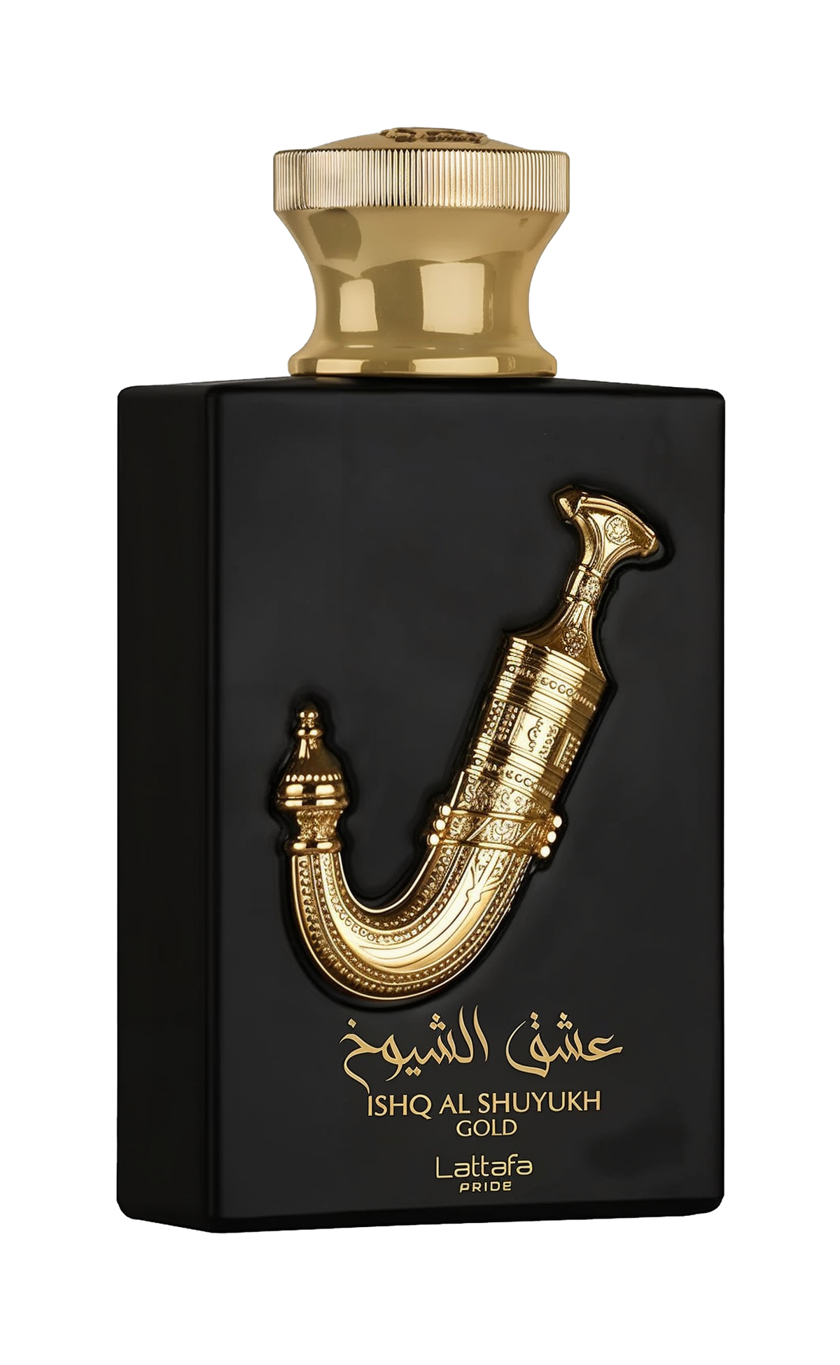 This image shows a perfume bottle named "Ishq Al Shuyukh Gold" by Lattafa Pride. The bottle has a sleek, black rectangular body with a luxurious gold-colored cap. A prominent and ornate gold sculpture of a traditional Arabic dagger, known as a Khanjar, ad