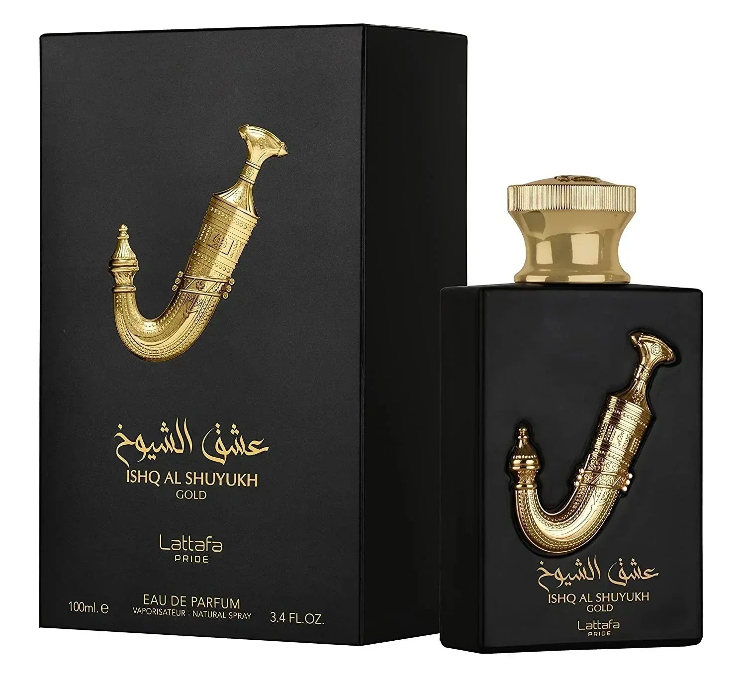 The image features the packaging and bottle of "Ishq Al Shuyukh Gold" Eau de Parfum by Lattafa Pride. On the left is the perfume's black box with a gold image of a traditional Arabic dagger and the perfume's name in Arabic calligraphy and English. The box