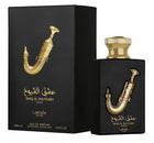 The image features the packaging and bottle of "Ishq Al Shuyukh Gold" Eau de Parfum by Lattafa Pride. On the left is the perfume's black box with a gold image of a traditional Arabic dagger and the perfume's name in Arabic calligraphy and English. The box