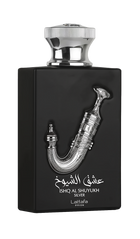 The image displays a perfume bottle named "Ishq Al Shuyukh Silver" by Lattafa Pride.