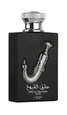 The image displays a perfume bottle named "Ishq Al Shuyukh Silver" by Lattafa Pride.