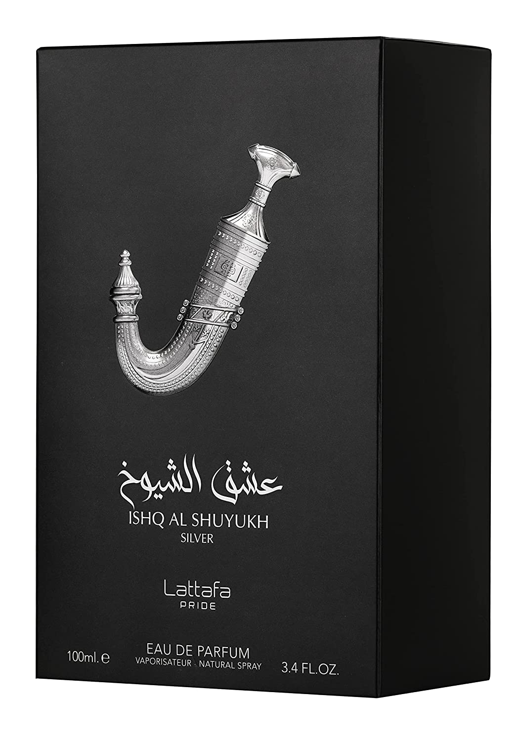 The image shows the packaging for "Ishq Al Shuyukh Silver" Eau de Parfum by Lattafa Pride. It's a black box featuring a highly detailed silver image of a traditional Arabic dagger. The name of the perfume is written in Arabic script above the dagger and i