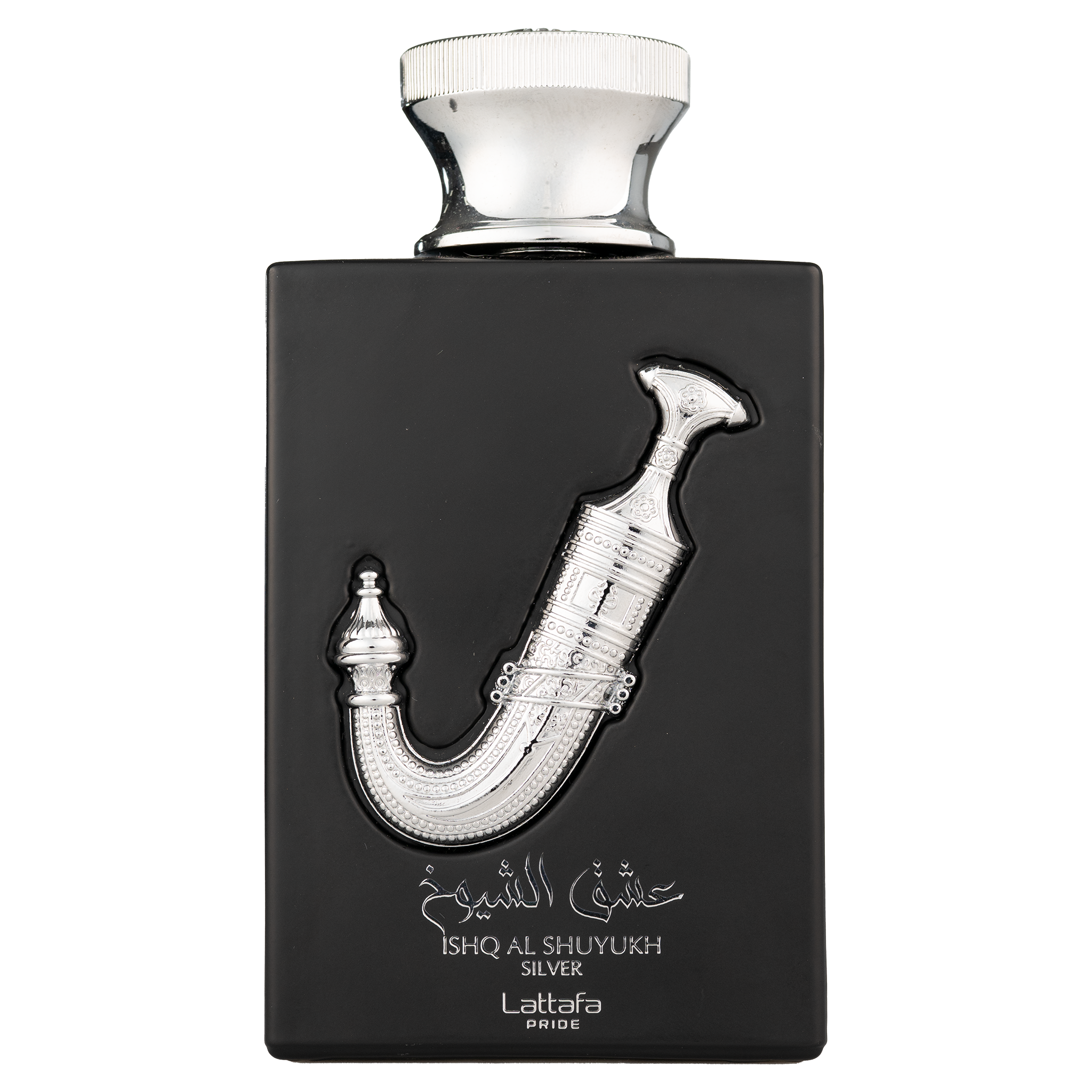 Black Lattafa Ishq Al Shuyukh Silver perfume bottle with silver dagger design.