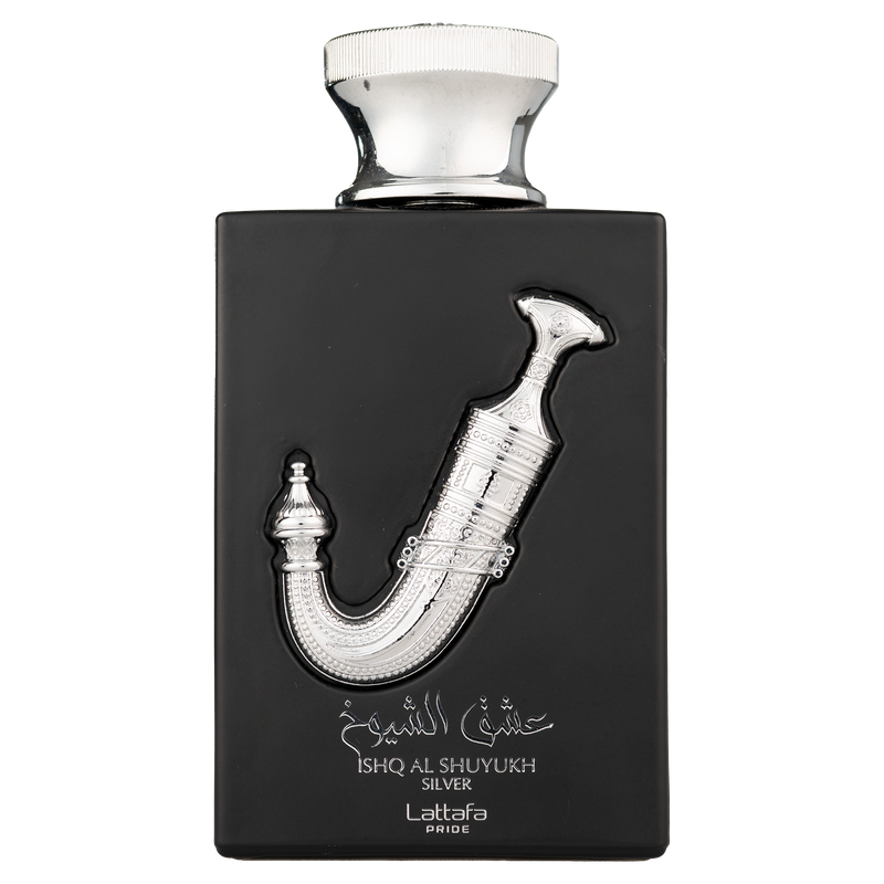 Black Lattafa Ishq Al Shuyukh Silver perfume bottle with silver dagger design.