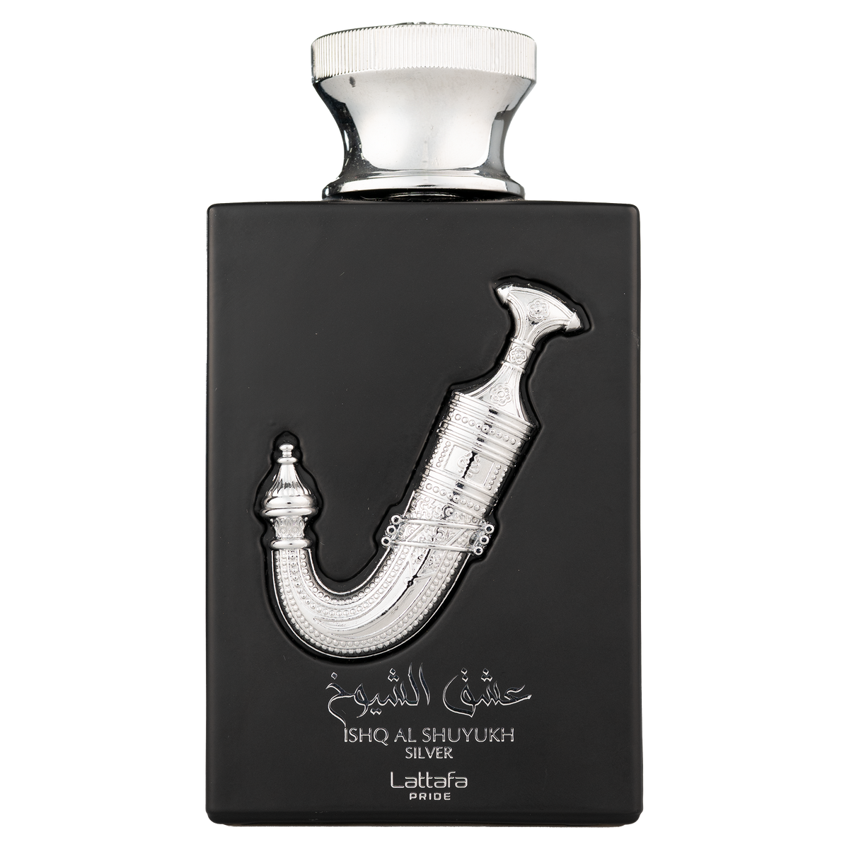 Black Lattafa Ishq Al Shuyukh Silver perfume bottle with silver dagger design.