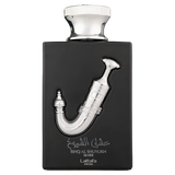 Black Lattafa Ishq Al Shuyukh Silver perfume bottle with silver dagger design.