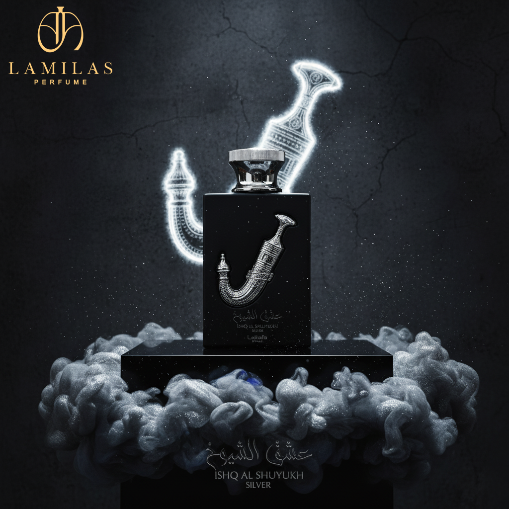 Lattafa Ishq Al Shuyukh Silver perfume bottle with glowing dagger outline and smoke.
