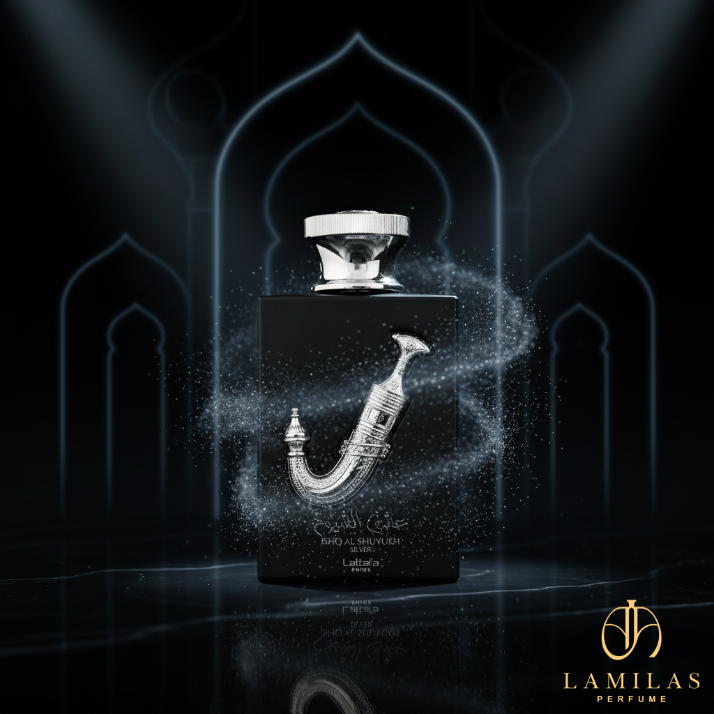 Lattafa Ishq Al Shuyukh Silver perfume bottle with silver swirl and arched background.
