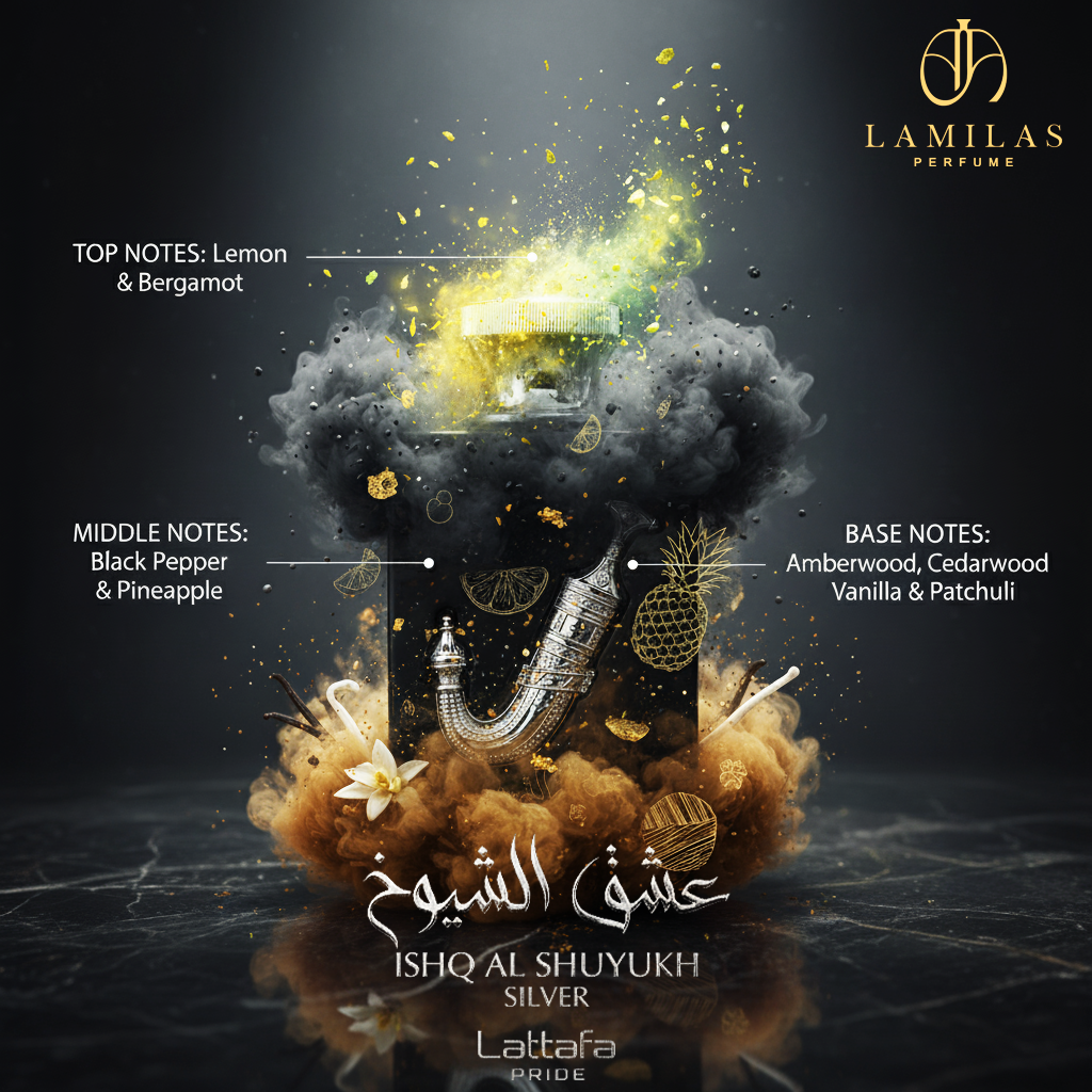 Lattafa Ishq Al Shuyukh Silver perfume bottle with notes illustration of lemon, pepper, and woods.