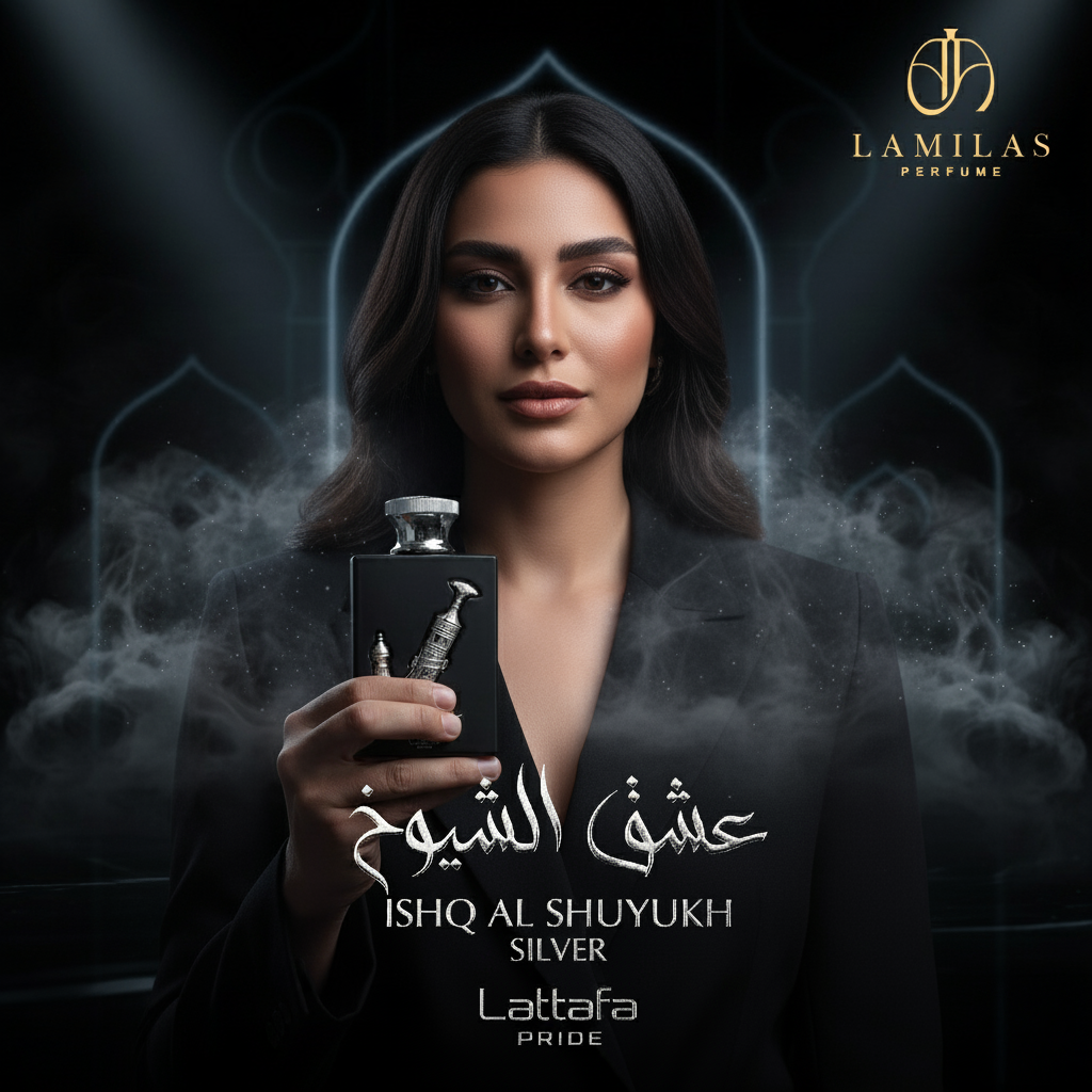 Woman holding Lattafa Ishq Al Shuyukh Silver perfume bottle with smoky background.