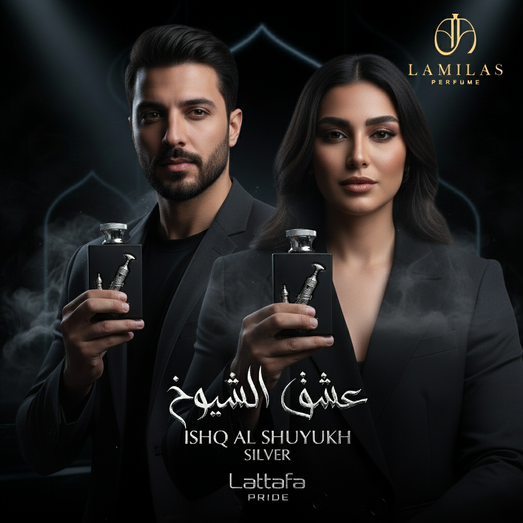Man and woman dressed in black holding Lattafa Ishq Al Shuyukh Silver perfume bottles.