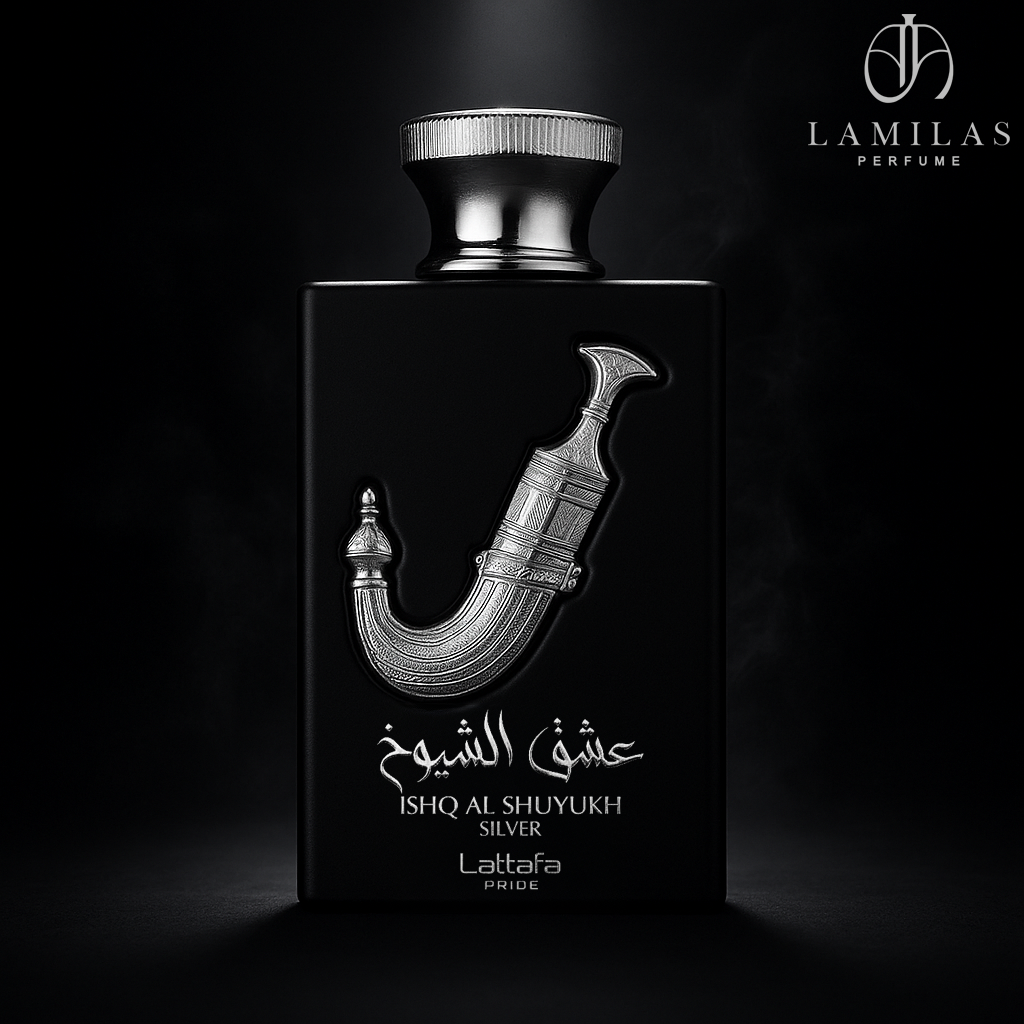 Lattafa Ishq Al Shuyukh Silver perfume bottle in spotlight against dark background.