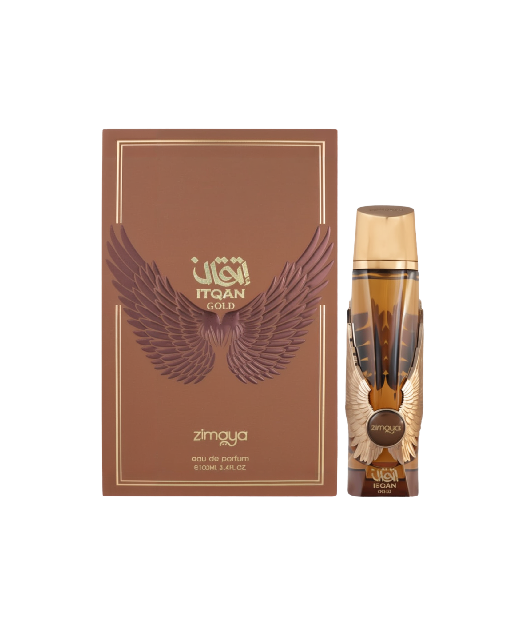 A bottle and packaging of Itqan Gold Eau De Parfum by Zimaya. The perfume bottle is amber-toned with golden accents, including a gold cap and metallic wing embellishments on the sides. The front label reads "Itqan Gold" and "Zimaya." The matching brown box features embossed wings in a darker brown tone, gold text, and decorative borders. The overall presentation suggests a luxurious and bold fragrance with a regal and powerful aesthetic.